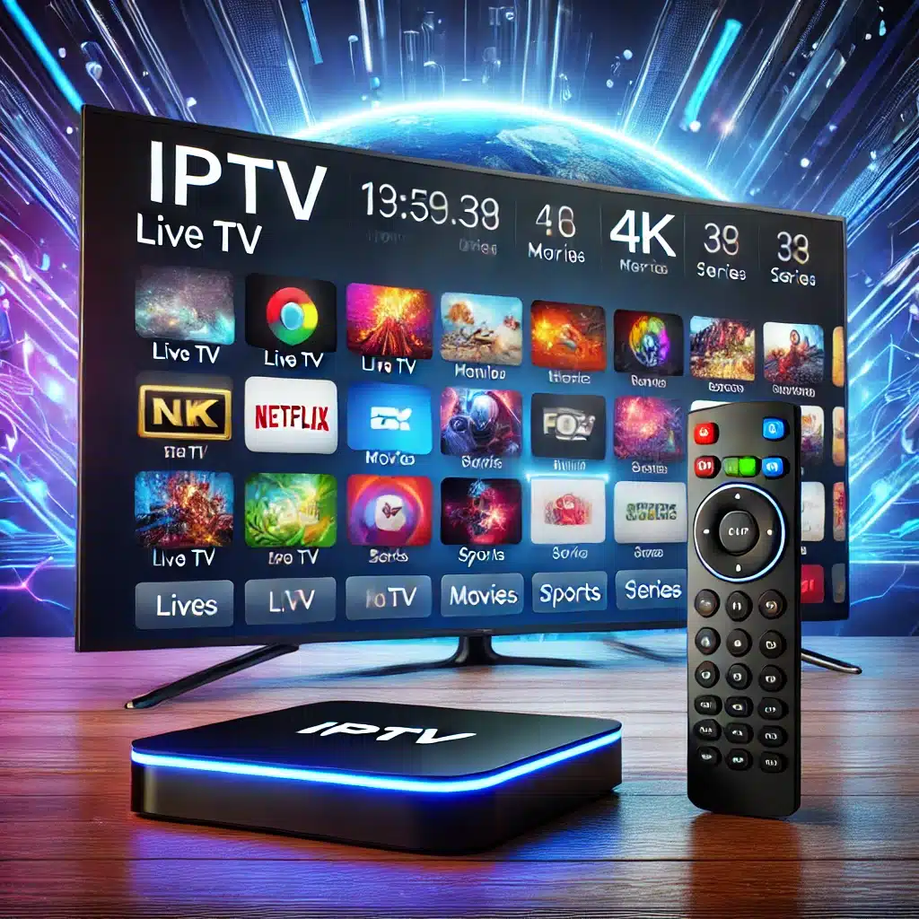 Modern IPTV setup with an Android TV box connected to a 4K television displaying an IPTV interface with Live TV, Movies, Sports, and Series categories. Sleek remote control placed beside the TV box.